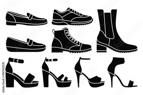 Collection of black silhouette illustrations of various men’s and women’s shoe styles, including boots, heels, sneakers, and sandals, vector set for fashion, retail, and apparel design projects