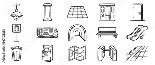 Collection of black and white hand-drawn subway and public transport elements, featuring various station objects in a doodle style