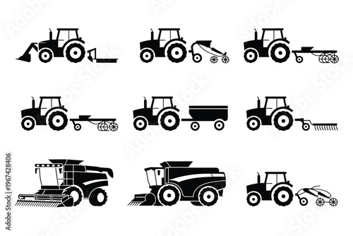 Black silhouette agricultural vehicles and farm machinery collection, vector illustration set with tractors, combines, and equipment for farming, rural, and agriculture design projects