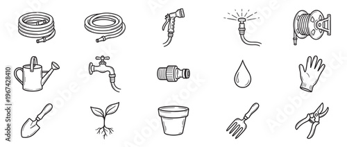 Collection of hand-drawn gardening tools and elements, including hoses, watering cans, plants, and gloves, in a clean line art style
