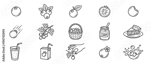Collection of hand-drawn blueberry icons depicting various forms of the fruit and its products in a simple line art style