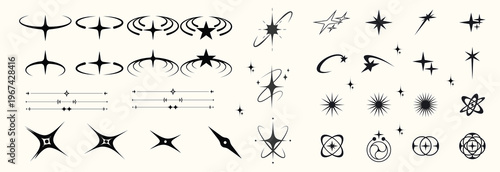Y2K stars and Retrofuturistic symbols set with flashes, comets, and sparkles. Y2K-inspired vector pack for prints and clothing. Stylish cyber shapes and vaporwave vibe. Stars and flash. Vector set 