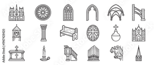 Collection of various black outline gothic church elements and architectural details in a clean, modern vector style