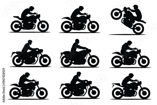 Motorcycle riders and bikes silhouettes in dynamic action poses, vector illustration set for racing, stunt performance, extreme sports, and transportation design projects