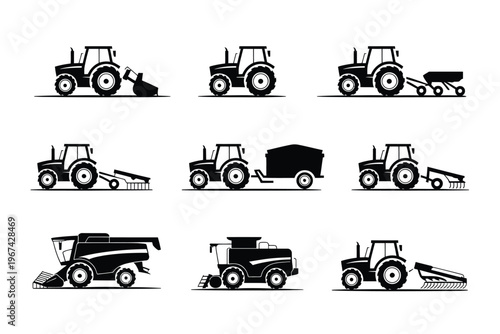 black silhouette farm machinery and agricultural vehicles, vector illustration set including tractors, harvesters, and equipment for farming and agriculture design projects