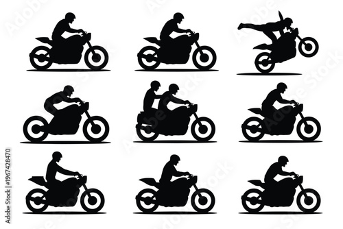 Silhouettes of motorcycle riders and bikes in various dynamic poses, vector illustration set for racing, stunt, sport, and transportation design projects