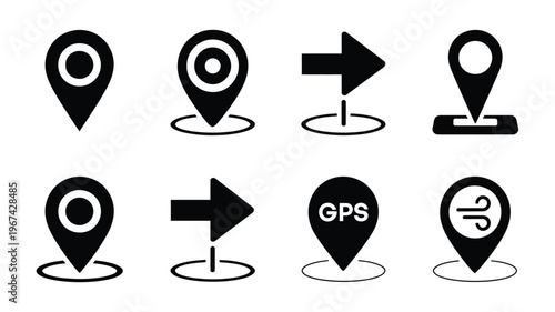 Black map marker and location pin icons collection, vector illustration set for GPS navigation, travel maps, geolocation apps, and user interface design projects