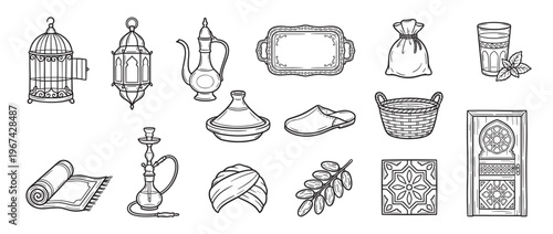 Collection of hand-drawn Moroccan cultural elements including a birdcage, lantern, teapot, tagine, and other traditional items, rendered in a clean line art style