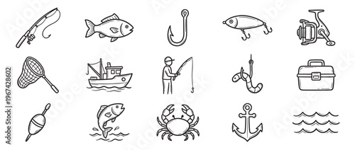 Collection of hand-drawn fishing and marine-related icons, including a rod, fish, hook, lure, reel, net, boat, fisherman, worm, tackle box, bobber, crab, anchor, and waves, presented in a