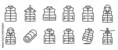 Collection of black outline icons depicting various puffer vests and a rolled sleeping bag, presented clearly