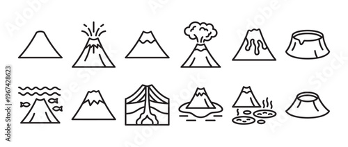 Collection of various volcano outline icons depicting different stages and types of volcanic activity in a clean, simple style