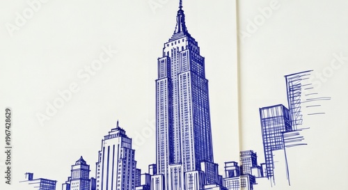 Blue ink pen sketch of the Empire State Building and New York City skyline on white paper