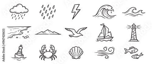 Collection of hand-drawn black and white doodle icons depicting various weather, nature, and sea-related elements