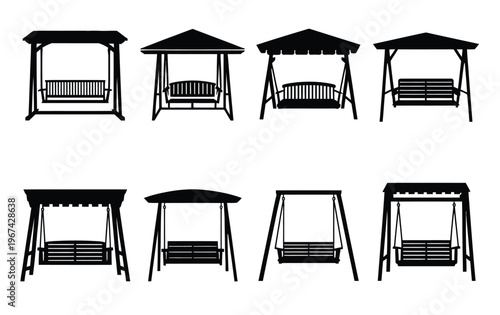 Porch swings variations in black and white silhouettes, vector illustration set of hanging outdoor seating for garden, patio, home decor, and relaxation themed design projects
