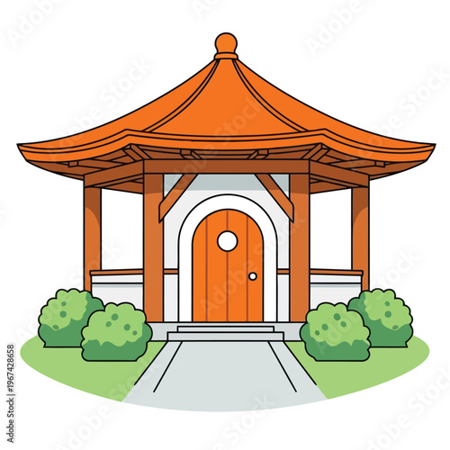Cartoon illustration of a traditional asian pagoda style gazebo with a door vector