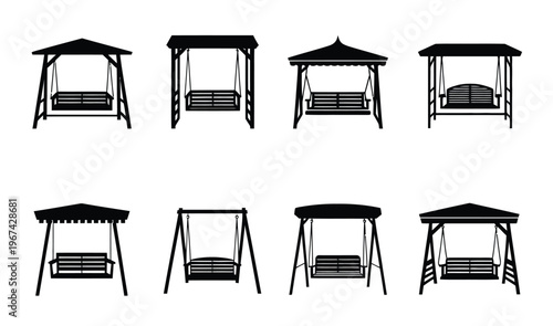 Variations of porch swings in black and white graphic style, vector illustration set of hanging swing seats for outdoor, garden, and home decor design projects