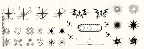 Y2K stars and Retrofuturistic symbols set with flashes, comets, and sparkles. Y2K-inspired vector pack for prints and clothing. Stylish cyber shapes and vaporwave vibe. Stars and flash. Vector set 