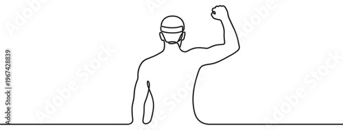 Continuous line drawing of a swimmer with a cap and goggles, seen from behind, raising one arm in triumph