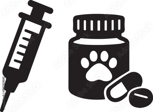 Black and white vector icon of a veterinary syringe with a medicine bottle and various pills Vector, illustration