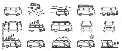Collection of various line art camper van icons depicting different travel and adventure scenarios, perfect for graphic design