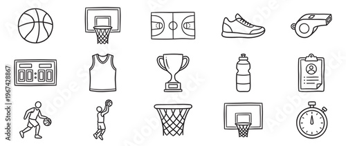 Set of hand-drawn basketball icons in a simple doodle style, featuring various game elements and player actions