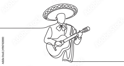 Continuous line drawing of a mariachi musician wearing a sombrero and playing an acoustic guitar, depicted with elegant simplicity