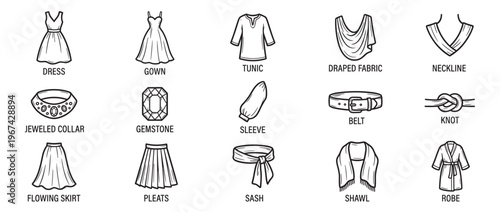 Comprehensive collection of black and white line art icons illustrating various fashion elements and clothing items