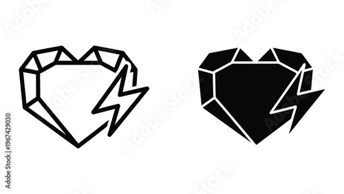 Geometric heart shapes with lightning bolt symbols in contrasting styles