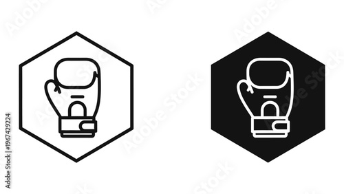 Contrasting boxing glove icons in white and dark backgrounds within hexagonal frames