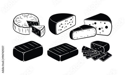 Assorted styles of traditional cheeses displayed in a simple illustration