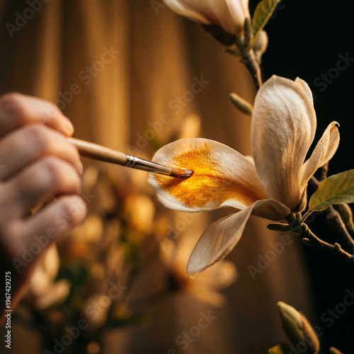 hand‑painted magnolia touched by warm creativity, blending natural softness with human intention and quiet artistic transformation