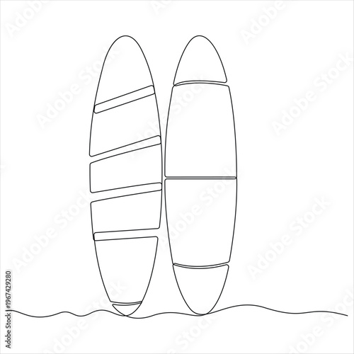 One continuous line drawing of surfing boards 