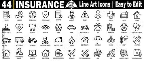 Insurance policy icons set. Claim quote coverage premium agent risk life, health, auto, home, professional liability, property, flood, fire, contents umbrella, marine vector illustration.