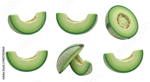 various sliced green cantaloupe melon pieces isolated on a clean white background for healthy eating