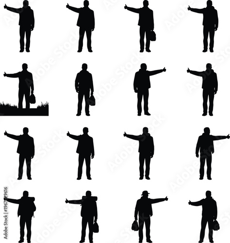 Silhouetted Male Travelers Hitchhiking and Hailing Rides on Isolated White Background