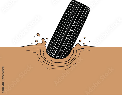 A tire sinking partially into wet sandy ground with displaced water droplets around it
