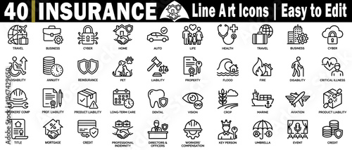 Insurance policy liner icons set. Claim quote coverage, premium agent risk life, health, auto, home, professional liability, property, flood, fire, contents umbrella, marine. vector illustration.