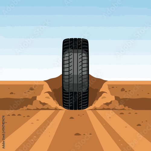 A tire partially buried in sandy desert terrain with a clear blue sky background