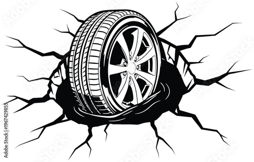 A black tire sinking into a cracked and broken ground surface