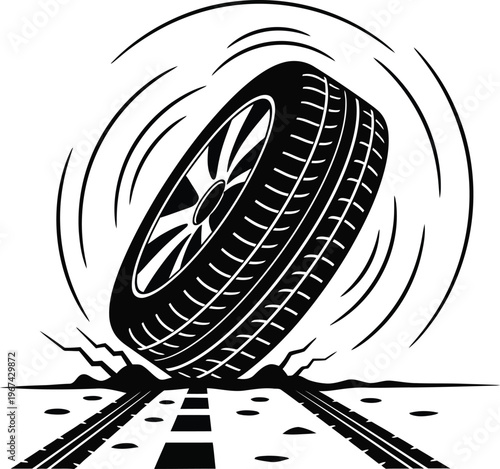 A dynamic illustration of a tire spinning rapidly on a checkered road surface