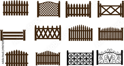 wooden, fence, collection, set, garden, barrier, rustic, design, illustration, isolated, white, background, decorative, outdoor, enclosure, boundary, farm, vintage, style, vector