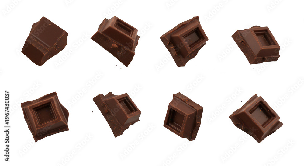 Fototapeta premium chocolate chunks levitating in mid air on a white background food and snacks for confectionery advertisement and culinary projects