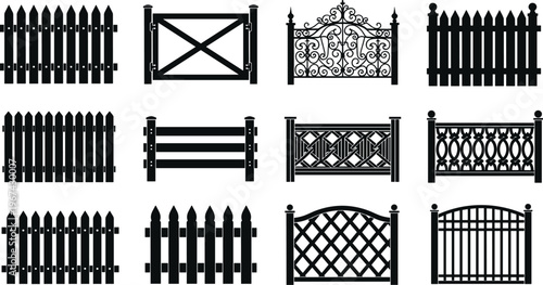Fence silhouettes, gate designs, black and white illustration, picket fences, wrought iron, lattice patterns, architectural decor, vector stock art