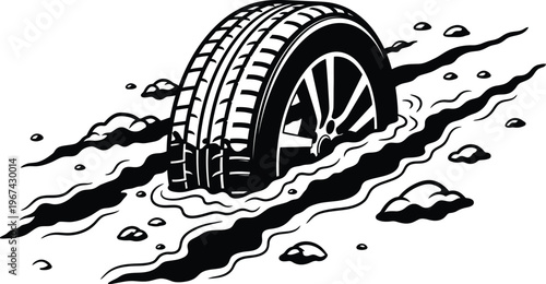 A black tire sinking into a body of water with ripples spreading outwards.