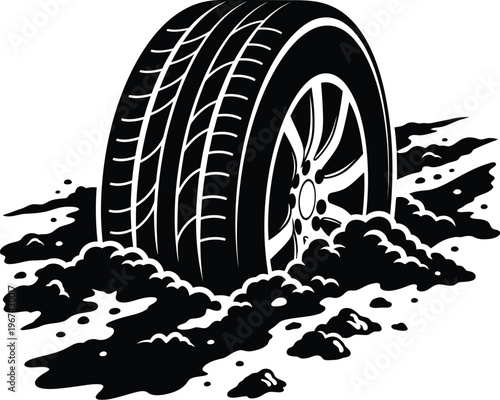 A tire stuck in muddy terrain with a small animal attempting to escape.