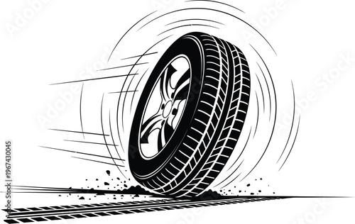 A black and white illustration of a rolling tire with dynamic motion lines around it.