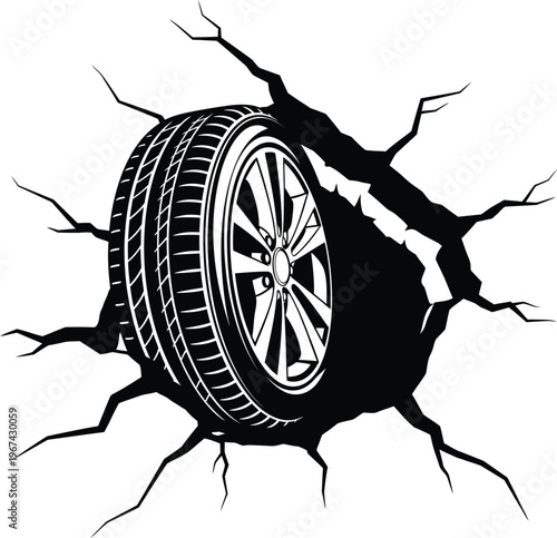 A tire bursting with explosive force against a stark background