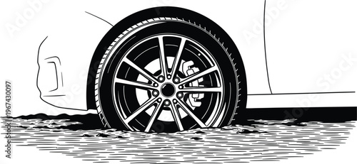 Vehicle hydroplaning on a wet road surface with water spray effect