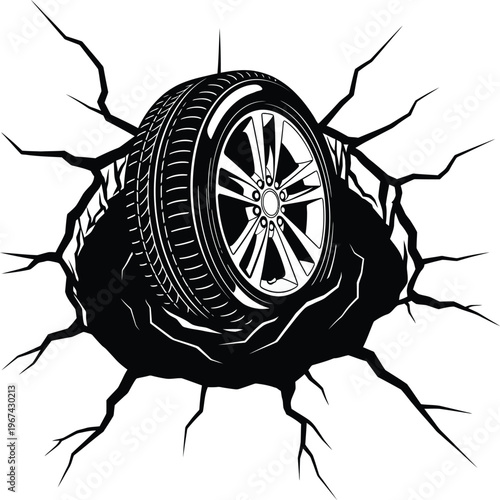 A dramatic depiction of a car wheel emerging from a cracked surface
