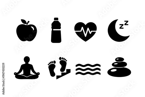 Icons representing healthy lifestyle choices including nutrition, exercise, and relaxation
